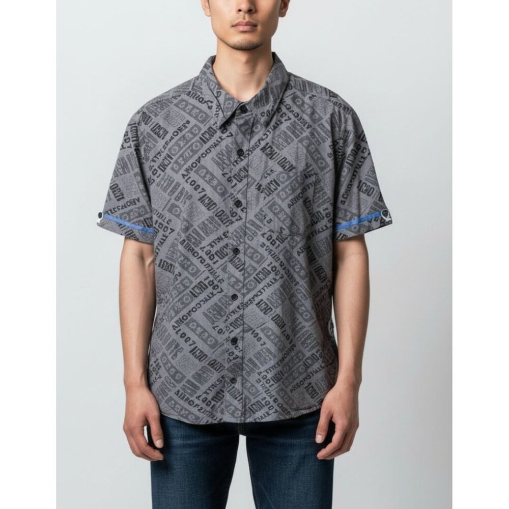 Aeropostale Mens Gray Graphic Button-Up Short Sleeve Shirt Size L